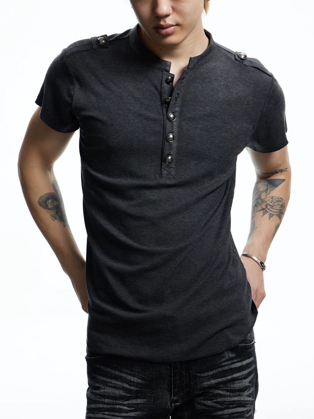 Button Placket Shoulder Tab T-Shirt - Notkicks