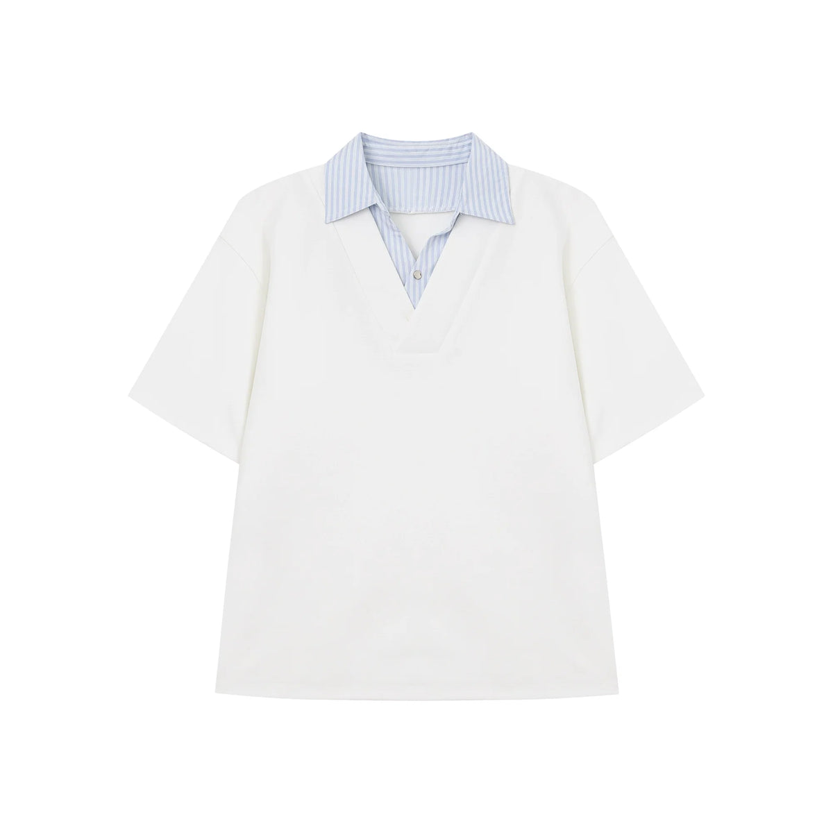 T-shirt with Faux Layered Blue Striped Shirt Collar and Placket - Notkicks