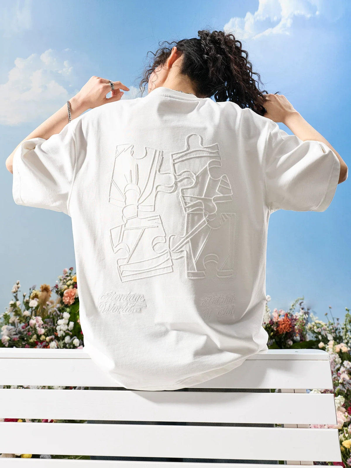 Oversized Embroidered Puzzle Graphic T-Shirt - Notkicks