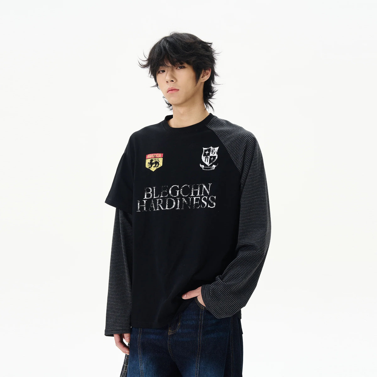 Layered Patchwork Varsity Long Sleeve Tee - Notkicks