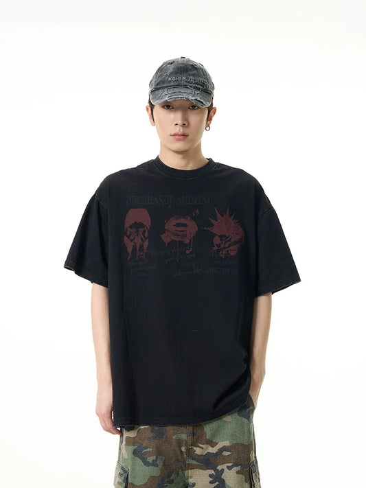 Black Oversized Graphic Tee with Red Print - Notkicks