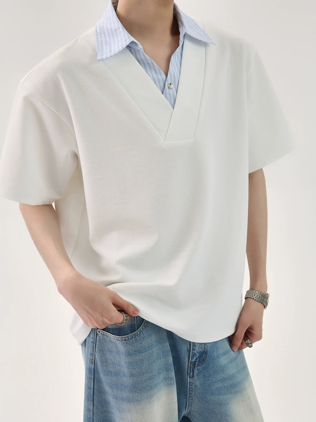 T-shirt with Faux Layered Blue Striped Shirt Collar and Placket - Notkicks