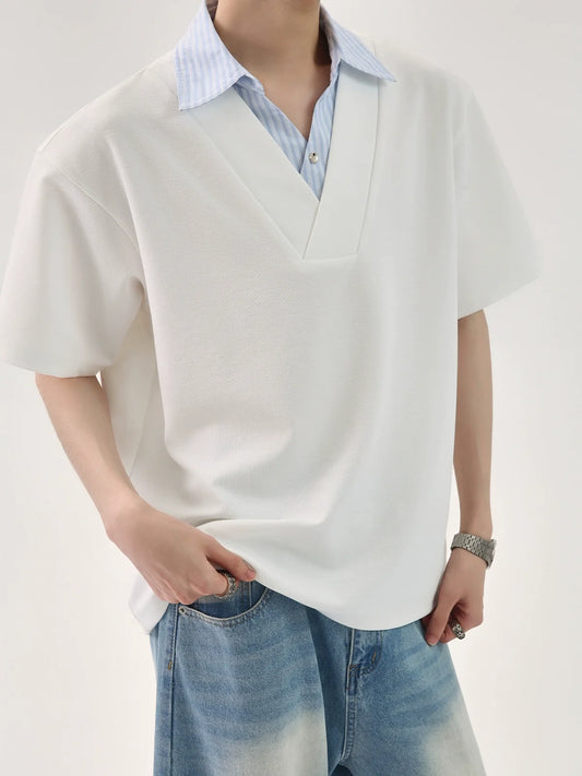 T-shirt with Faux Layered Blue Striped Shirt Collar and Placket - Notkicks
