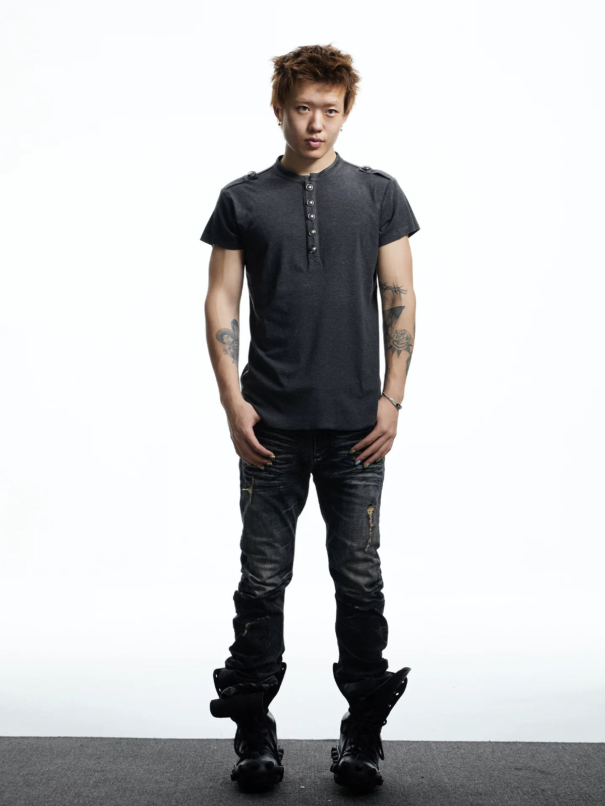 Button Placket Shoulder Tab T-Shirt - Notkicks