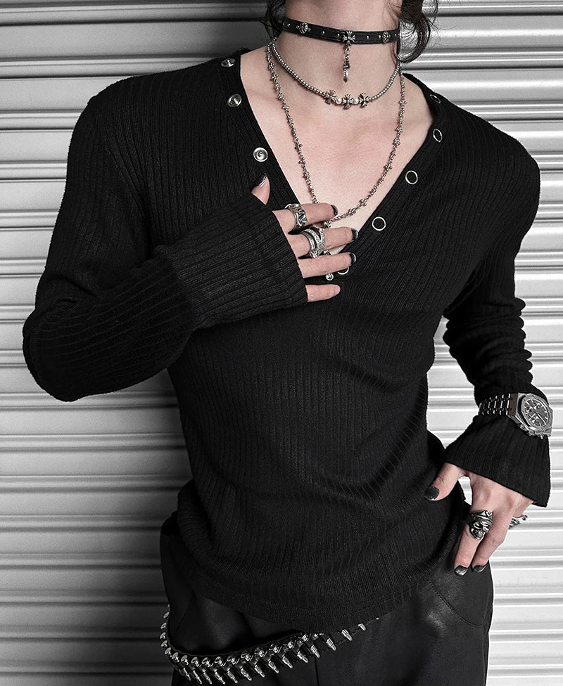 Midnight Rivet Deep V Henley - Notkicks
