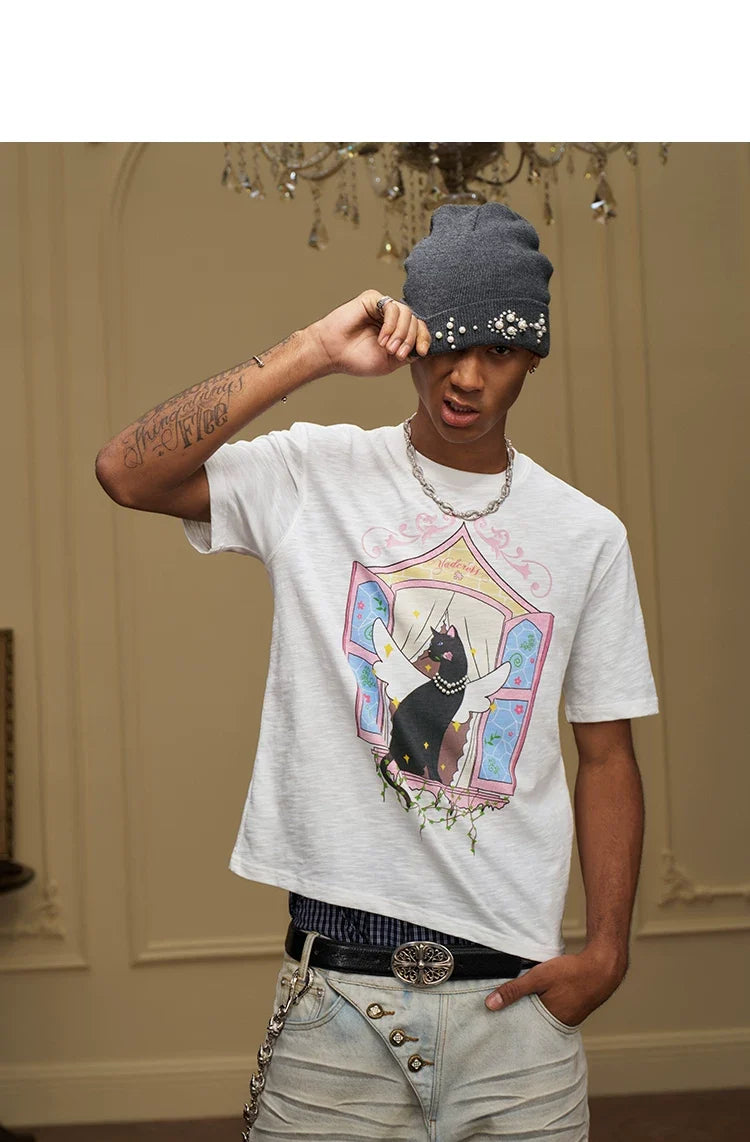 Winged Cat Window Graphic T Shirt - Notkicks
