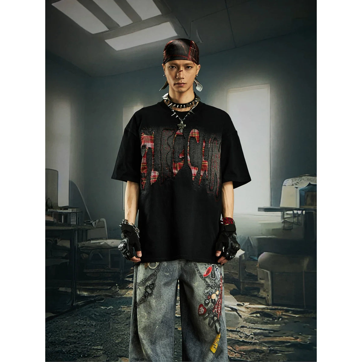 Bleached Shred Plaid Slash Tee - Notkicks