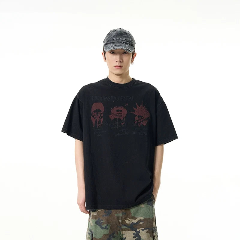 Black Oversized Graphic Tee with Red Print - Notkicks