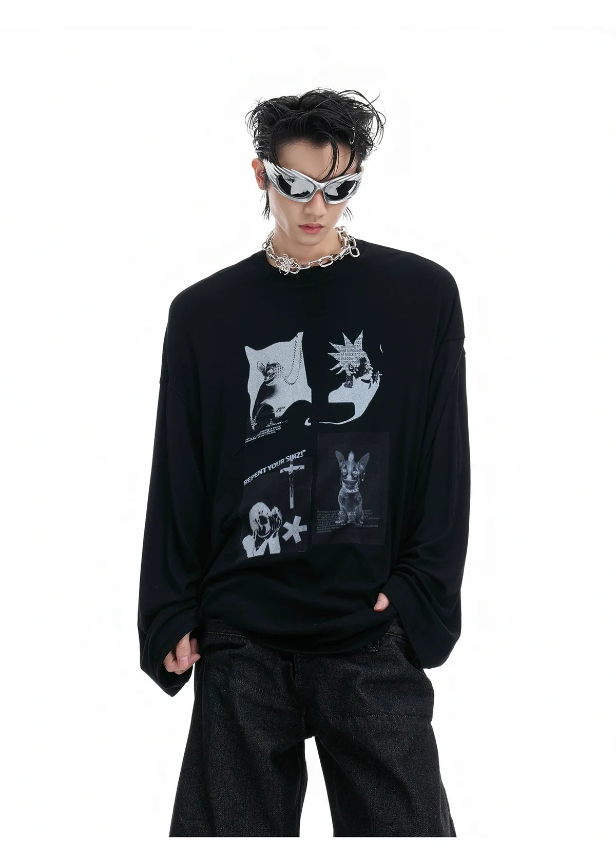 Oversized Graphic Print Long Sleeve Tee - Notkicks