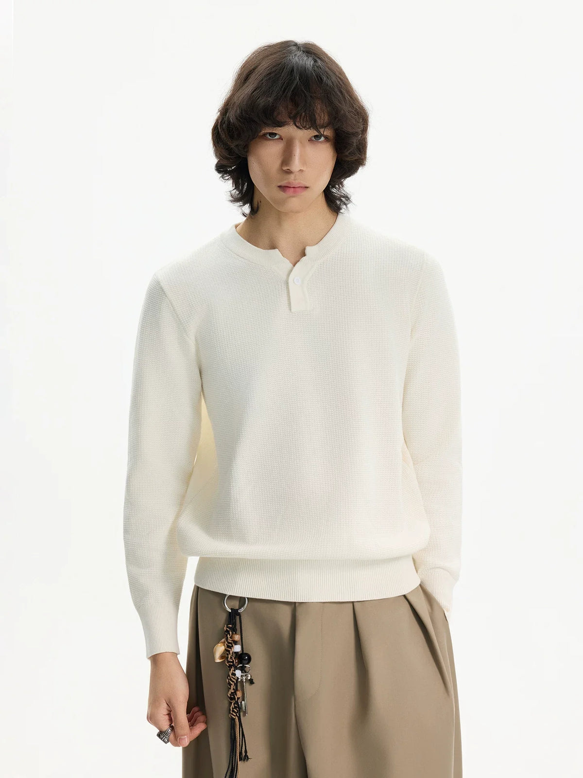 Ivory Waffle Henley Knit - Notkicks