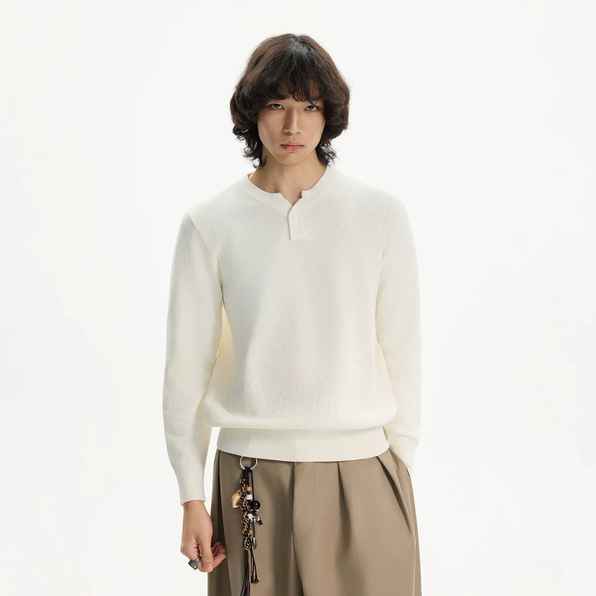 Ivory Waffle Henley Knit - Notkicks
