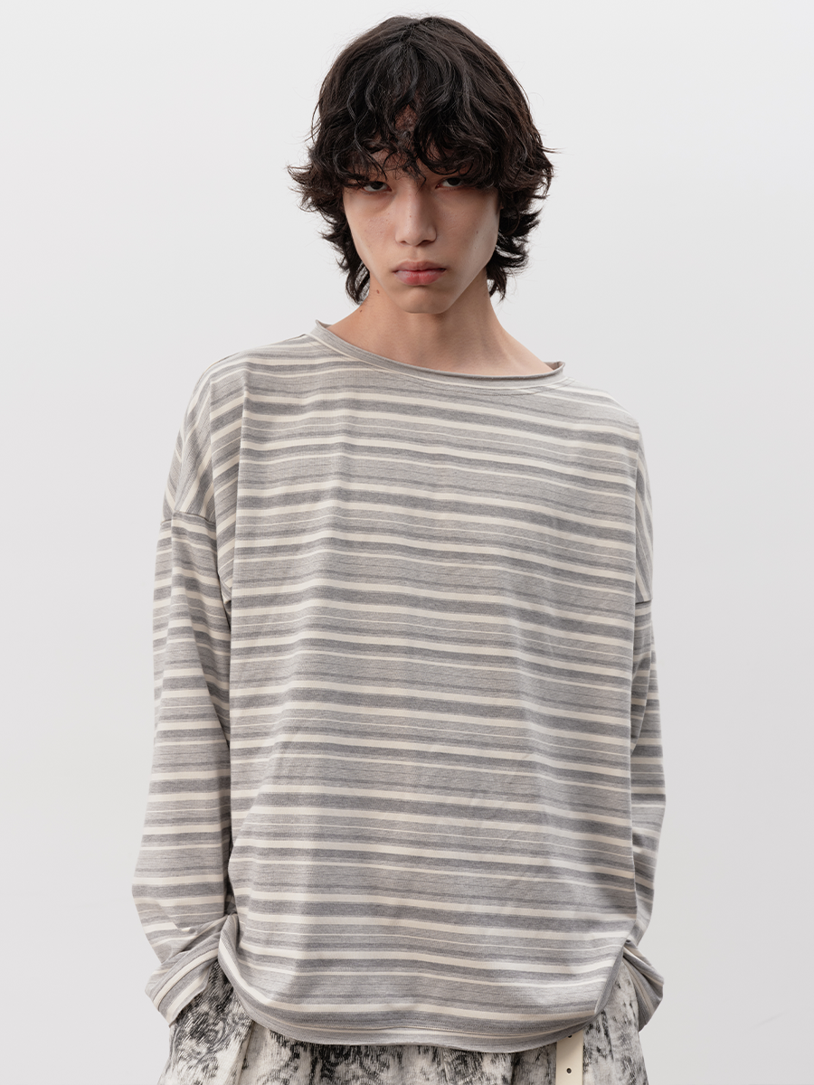 Soft Grey Horizontal-Stripe Relaxed Long-Sleeve Tee - Notkicks