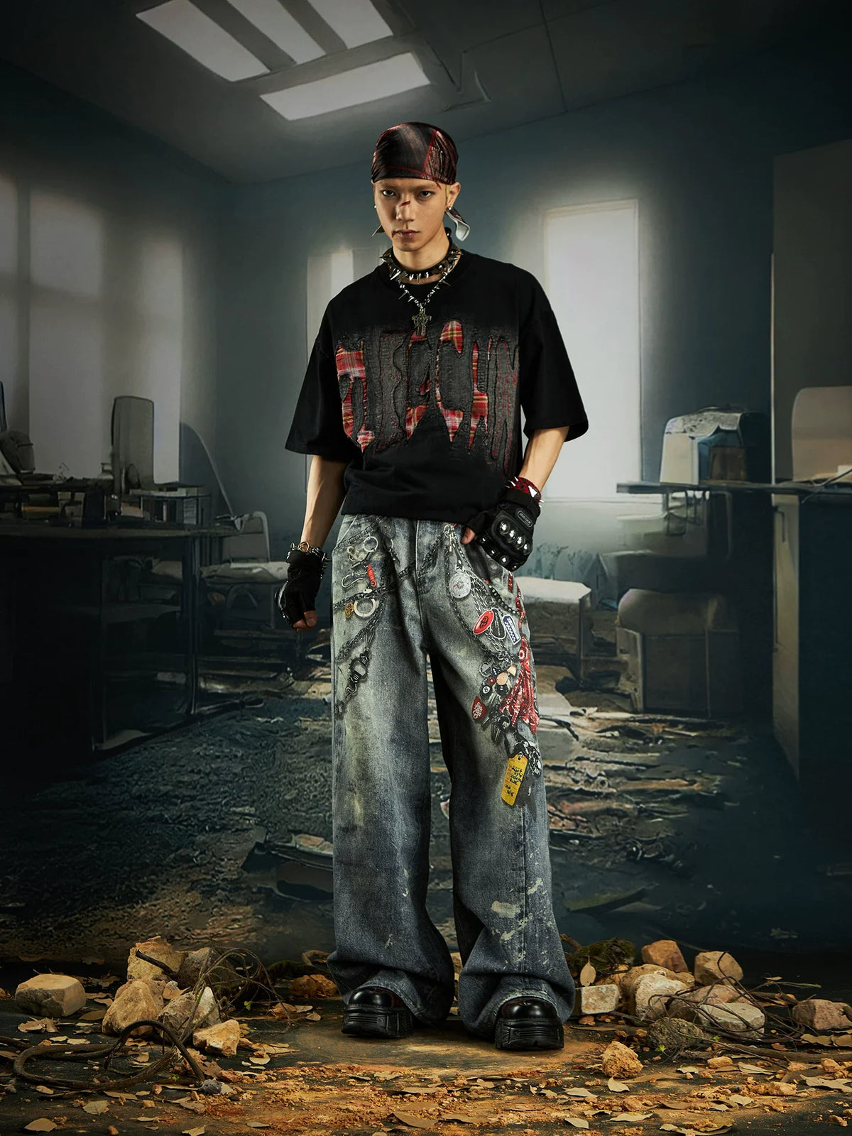 Bleached Shred Plaid Slash Tee - Notkicks
