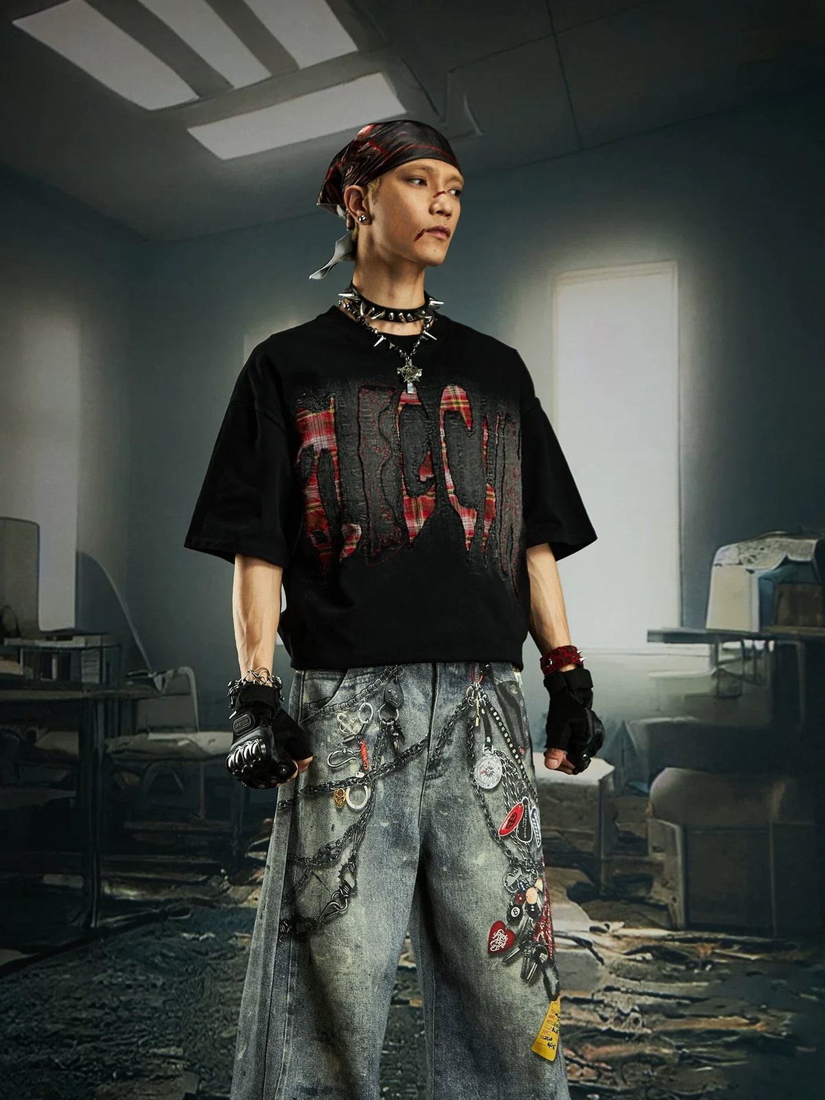 Bleached Shred Plaid Slash Tee - Notkicks