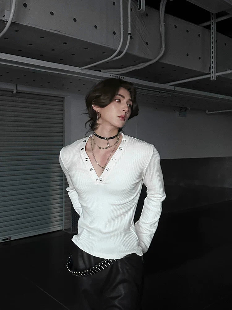 Midnight Rivet Deep V Henley - Notkicks