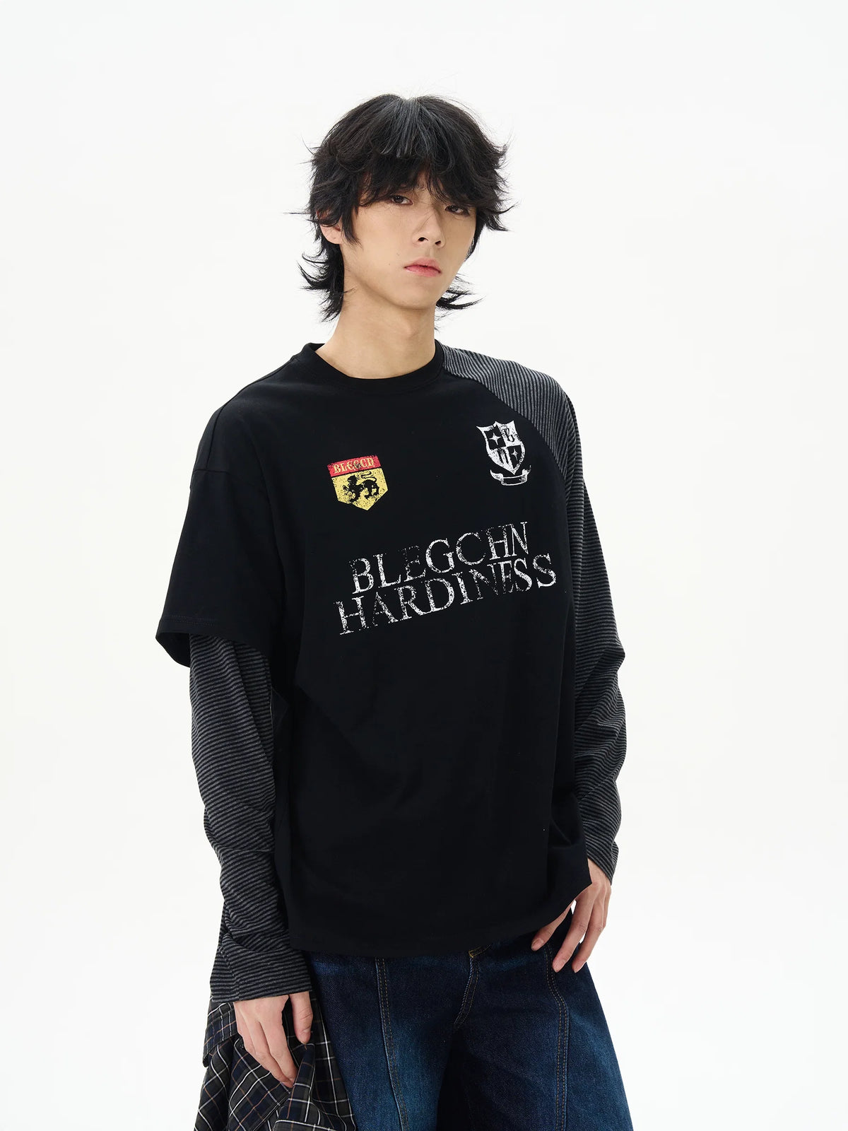 Layered Patchwork Varsity Long Sleeve Tee - Notkicks