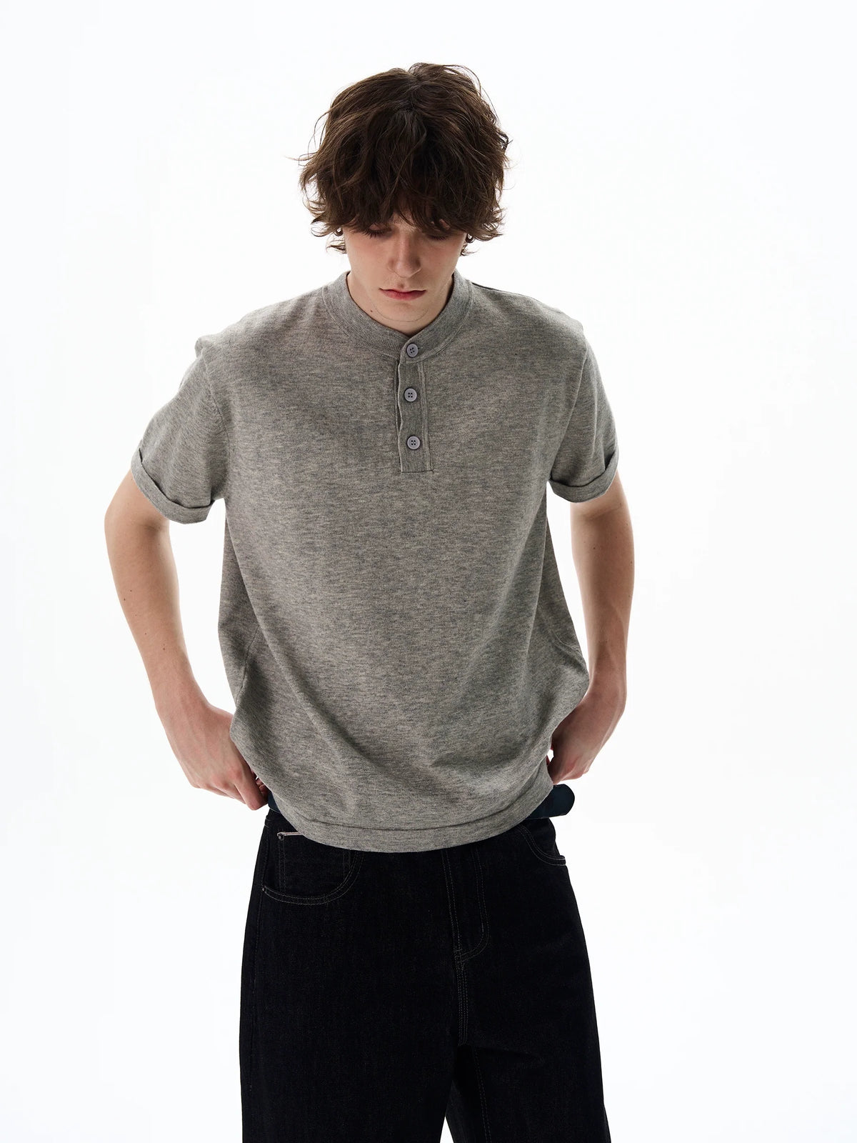 Short Sleeve Henley Shirt with Button Placket - Notkicks