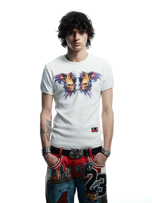 Flaming Skull Graphic Fitted Baby Tee - Notkicks