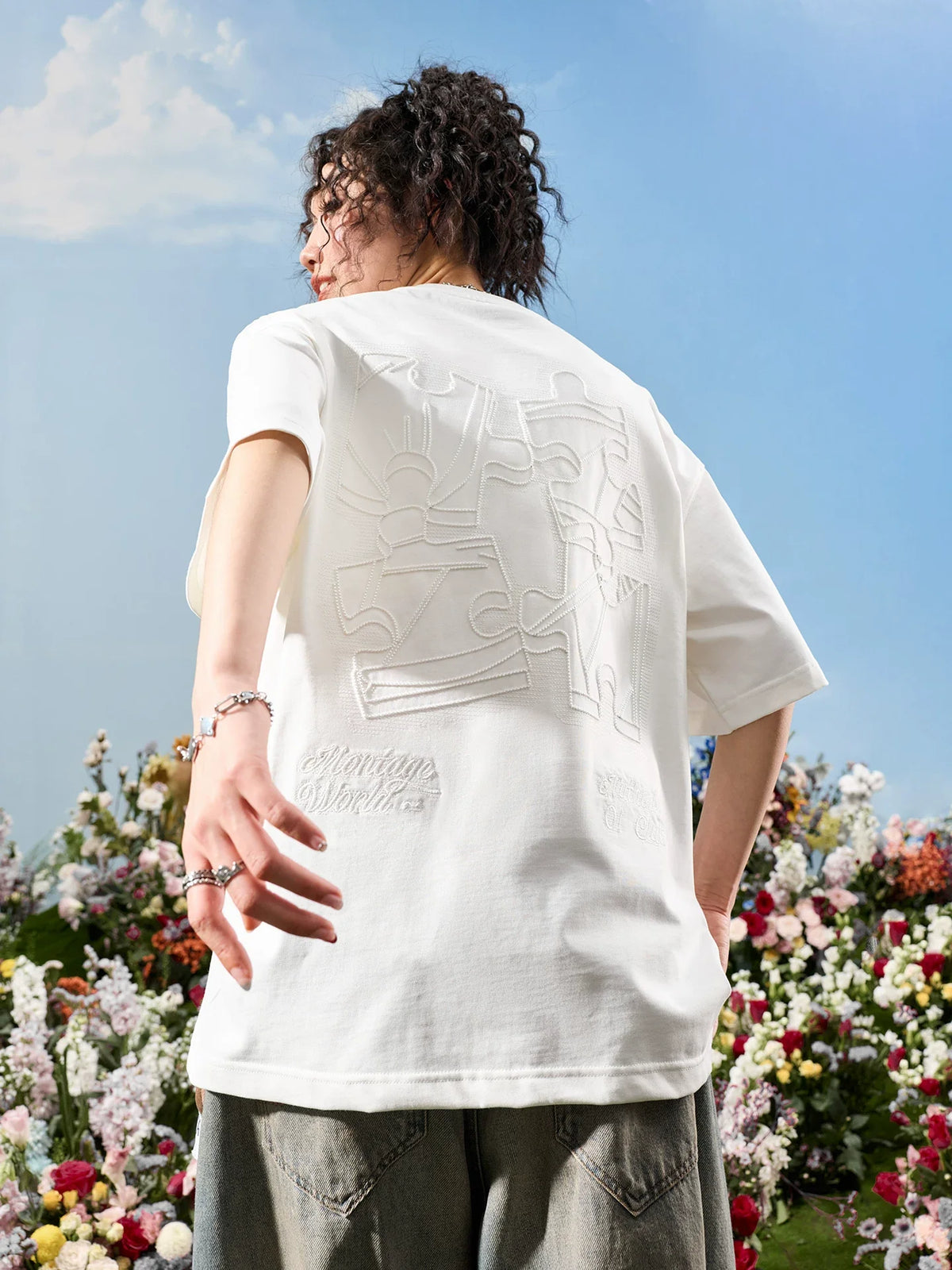 Oversized Embroidered Puzzle Graphic T-Shirt - Notkicks
