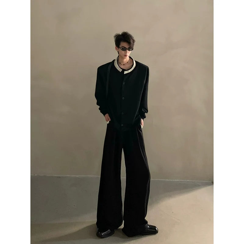 Black Short Sleeve Button-Up Shirt with Embellished Gem Collar - Notkicks