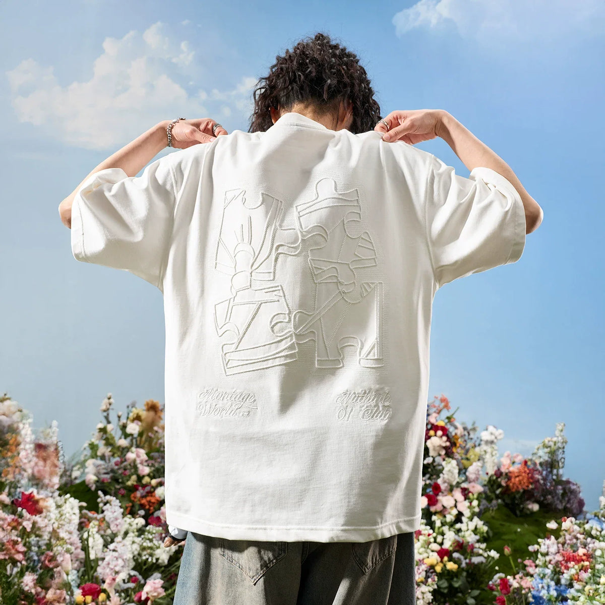 Oversized Embroidered Puzzle Graphic T-Shirt - Notkicks