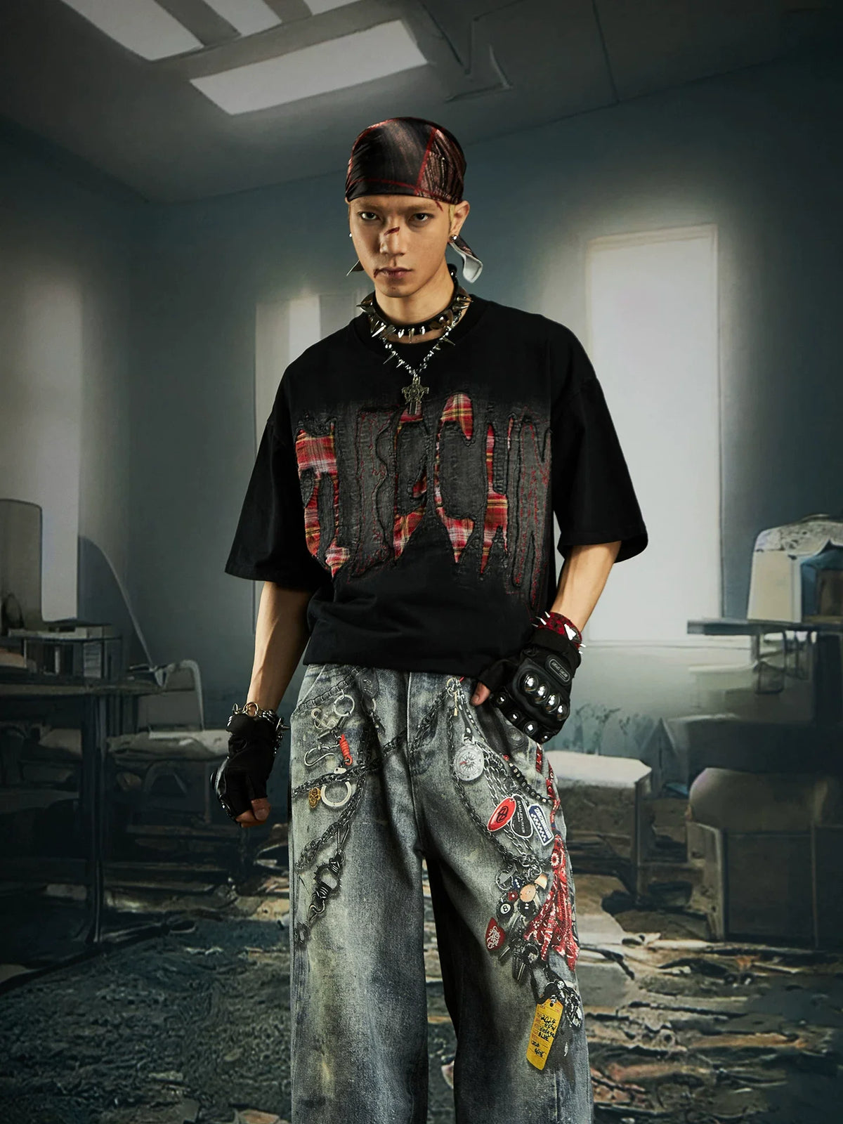 Bleached Shred Plaid Slash Tee - Notkicks