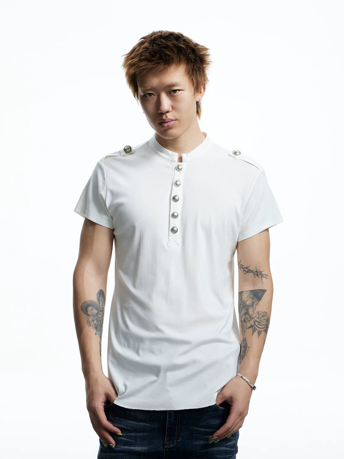 Button Placket Shoulder Tab T-Shirt - Notkicks
