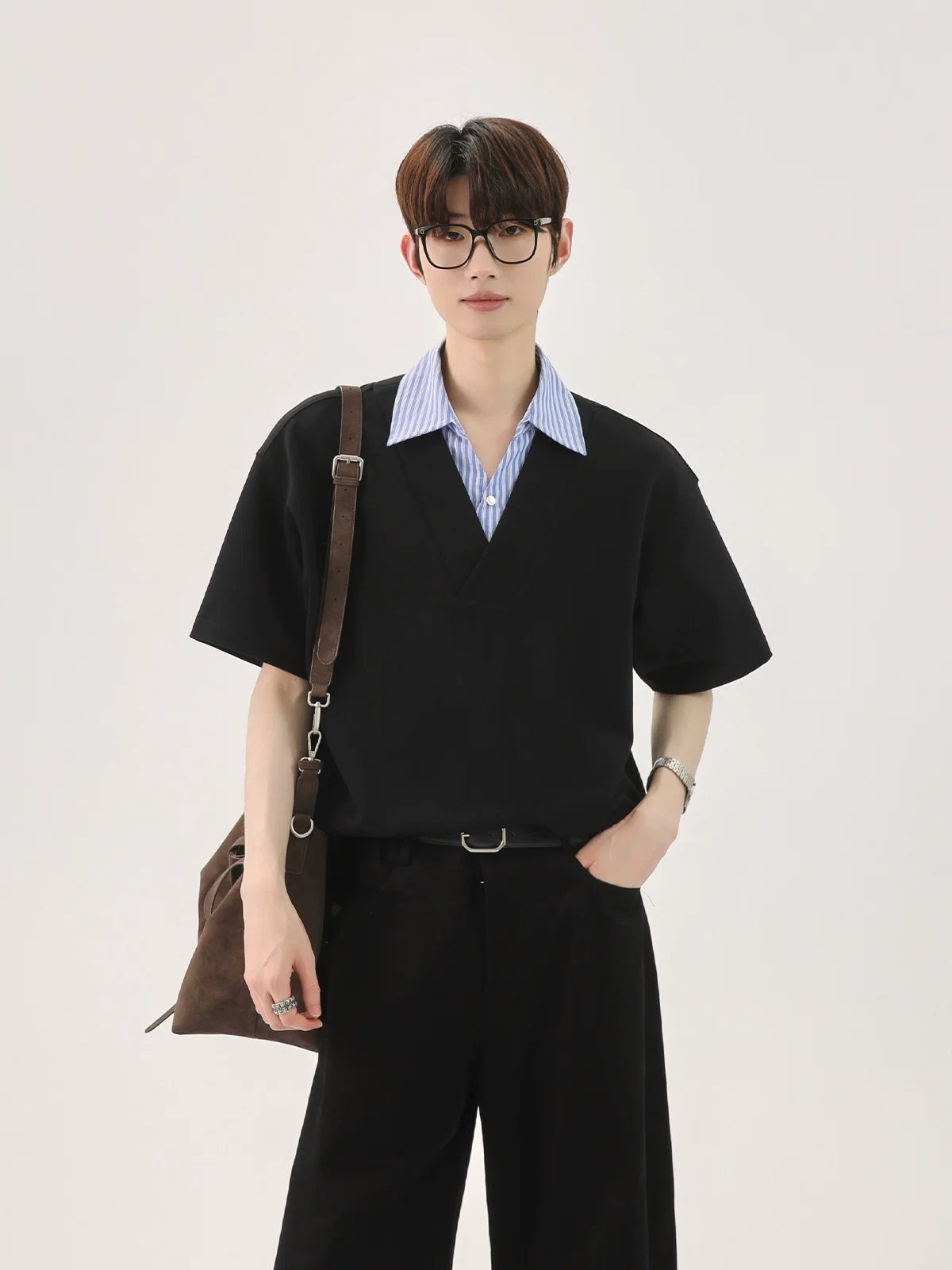 T-shirt with Faux Layered Blue Striped Shirt Collar and Placket - Notkicks