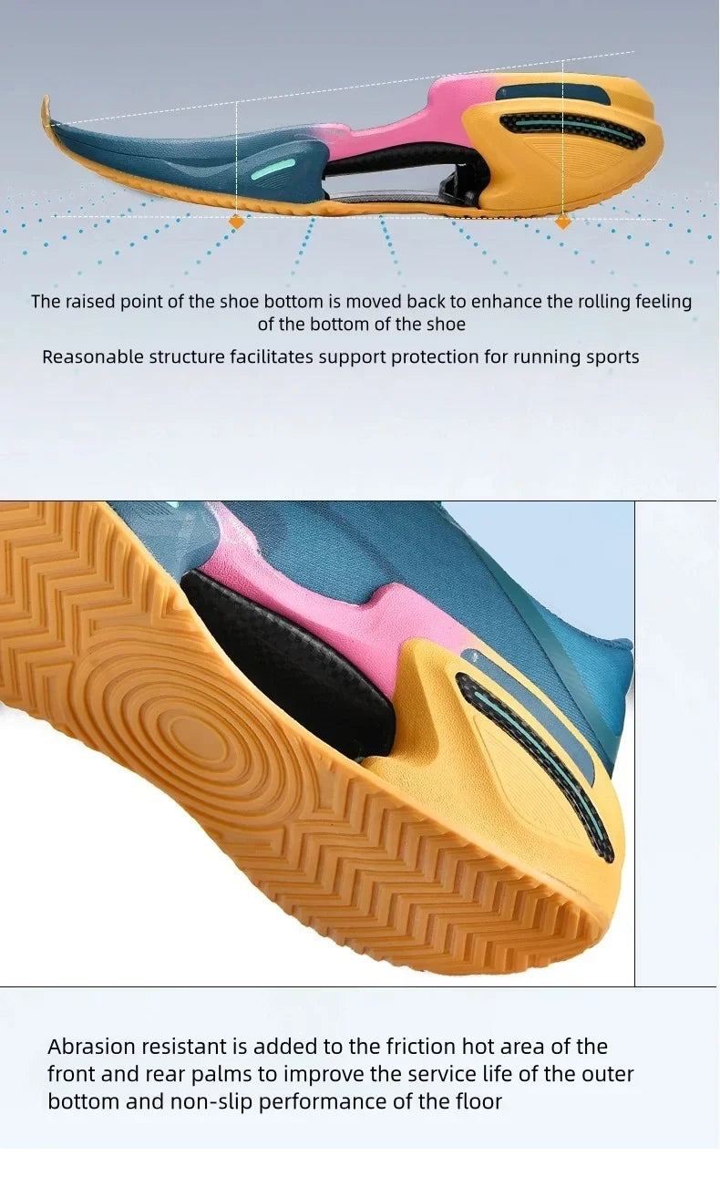 Close-up of a running shoe with text describing its features