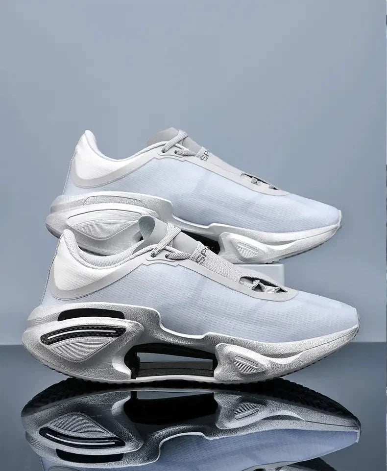 White sneakers with a reflective surface on a gray background