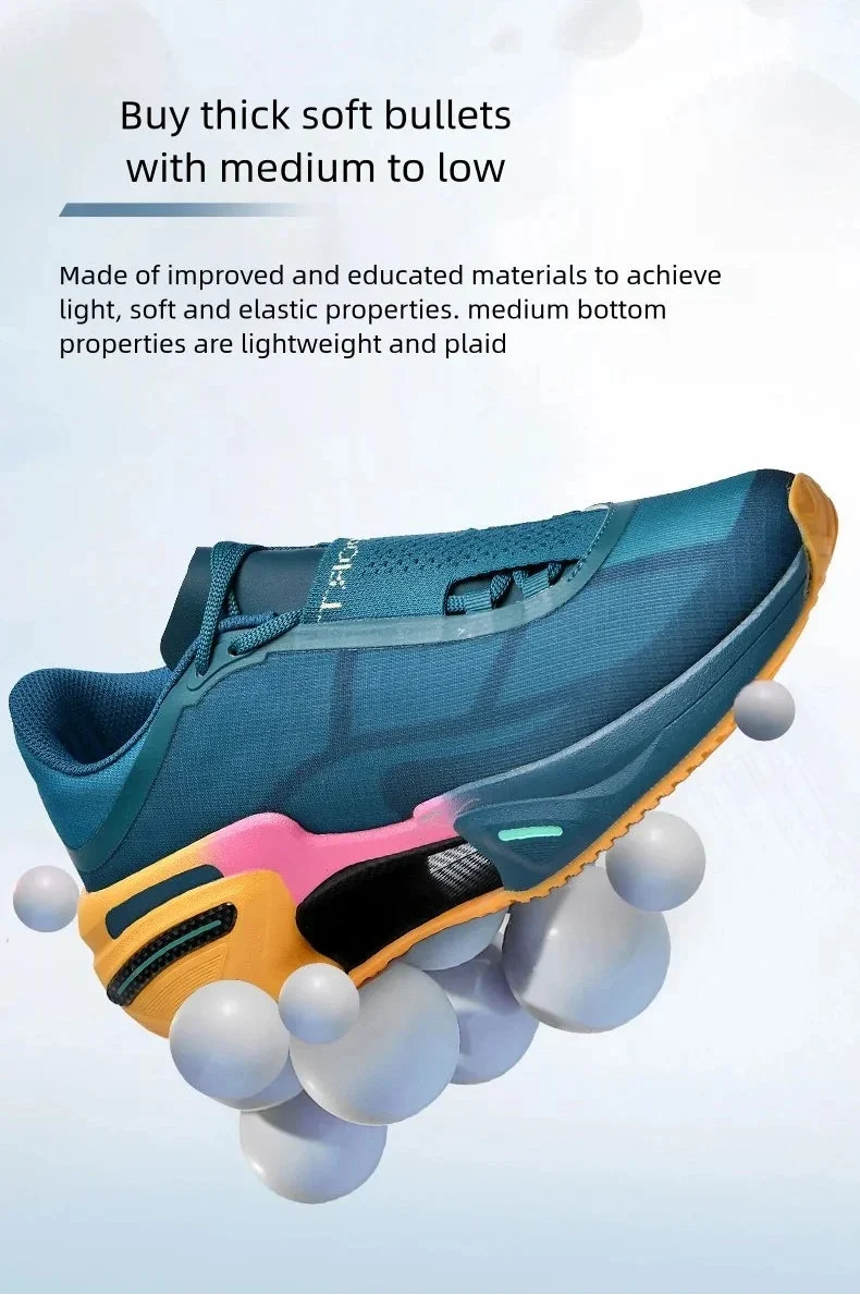 Blue and orange sneaker with text about thick soft bullets and material properties on a light blue background.