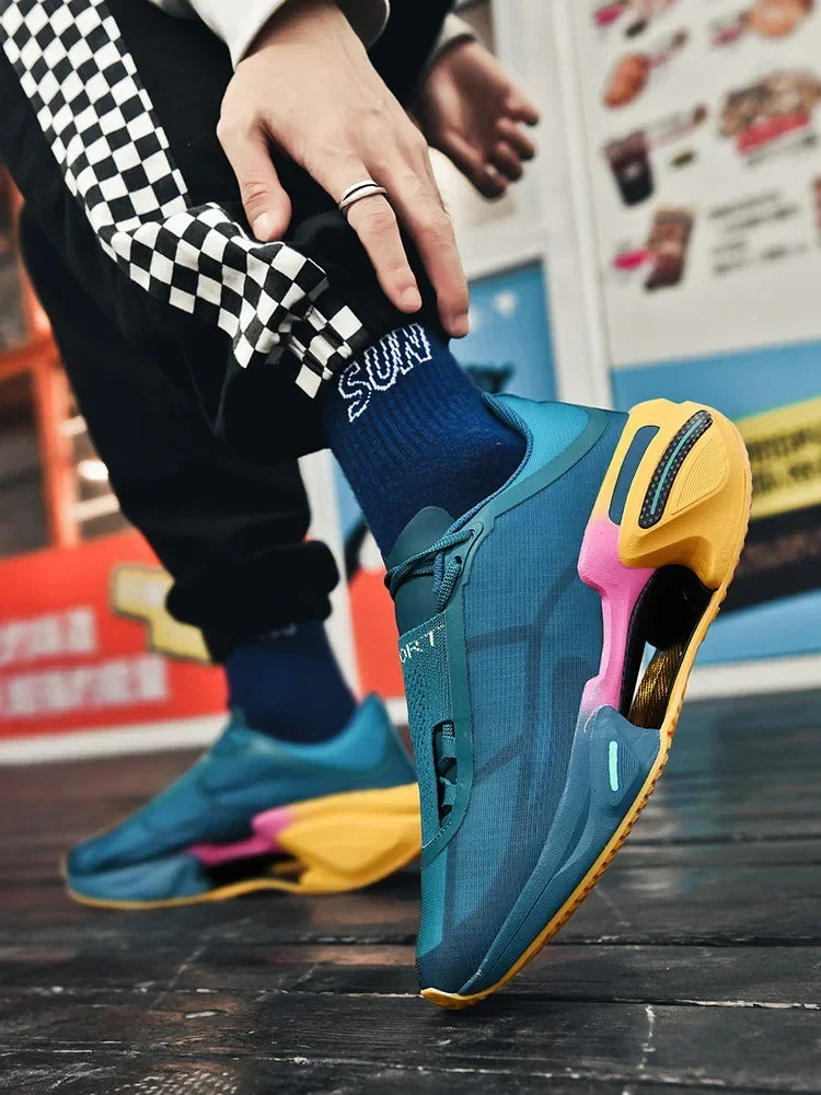 Blue and yellow sneaker with a checkered pattern on a dark surface