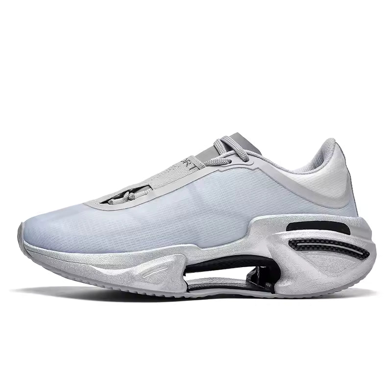 White athletic shoe with black sole on a white background