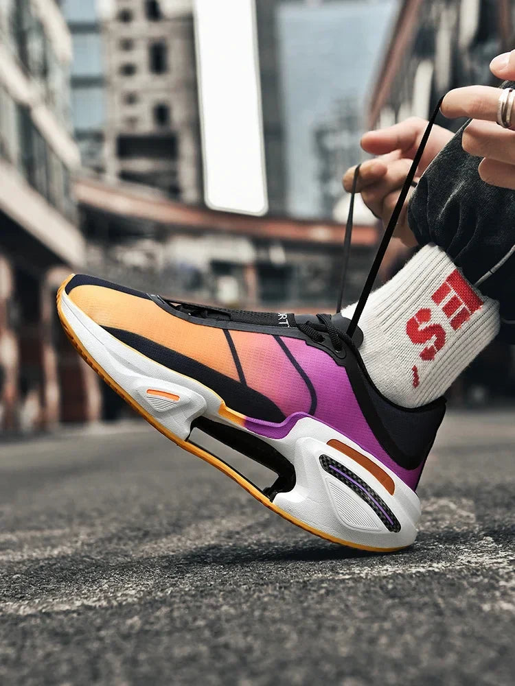 Colorful sneaker with a cityscape background