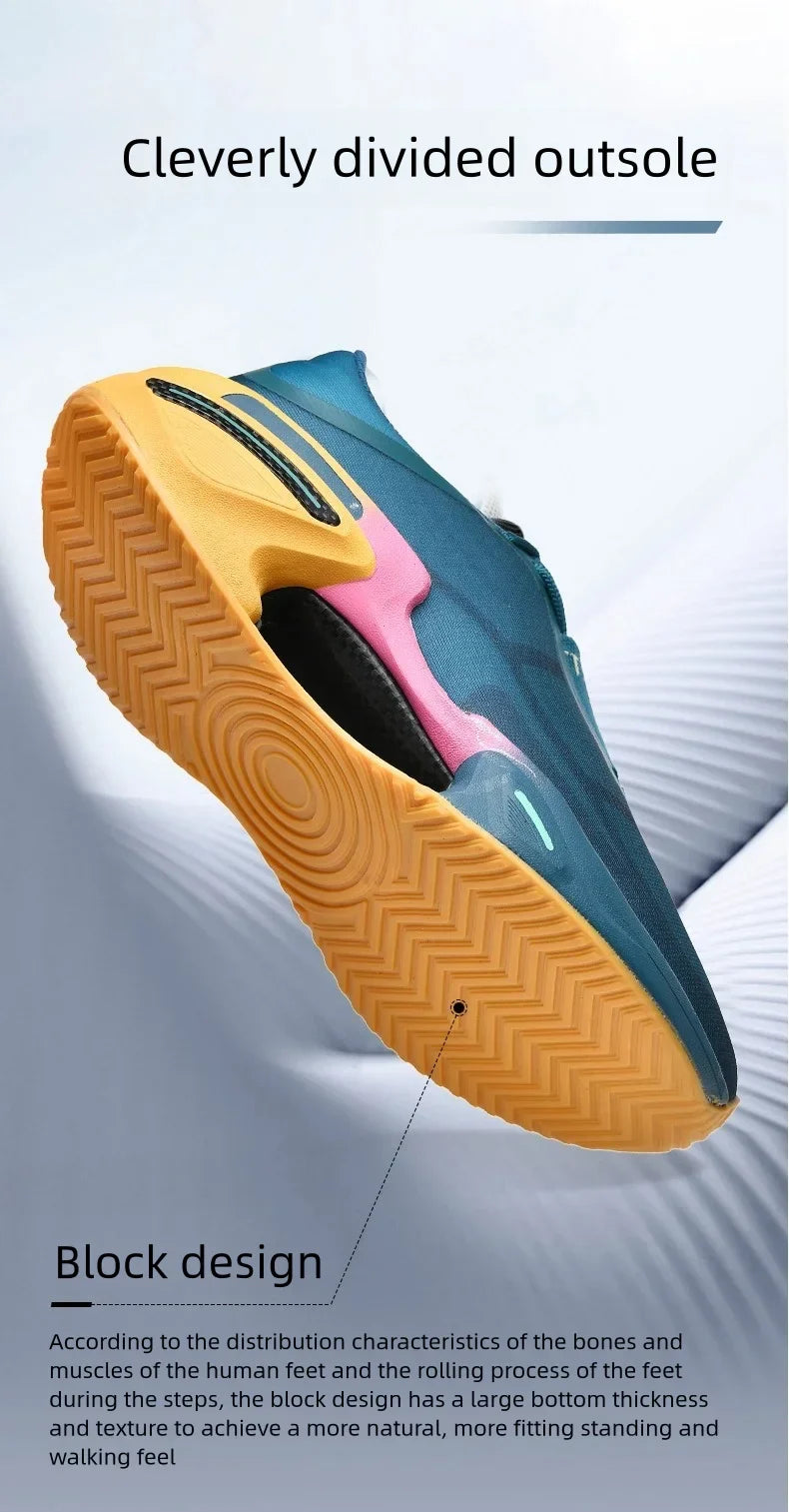 Close-up of a shoe sole with text highlighting design features