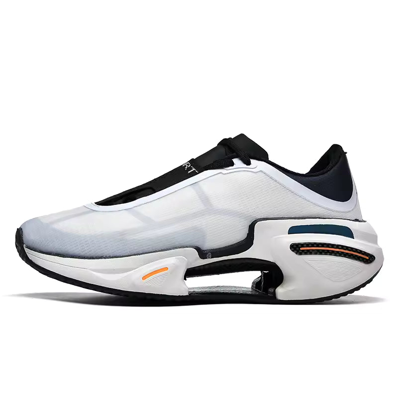 White athletic shoe with black and orange accents on a white background