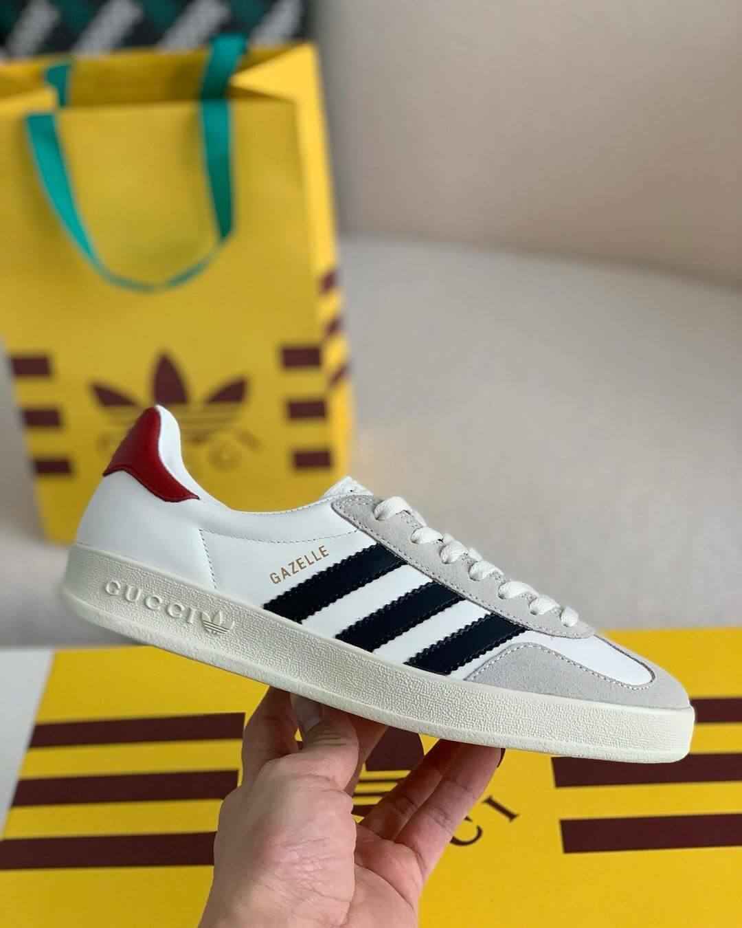 Adidas x Gucci Gazelle Sneaker in White with Black Stripes and Red Heel Tab