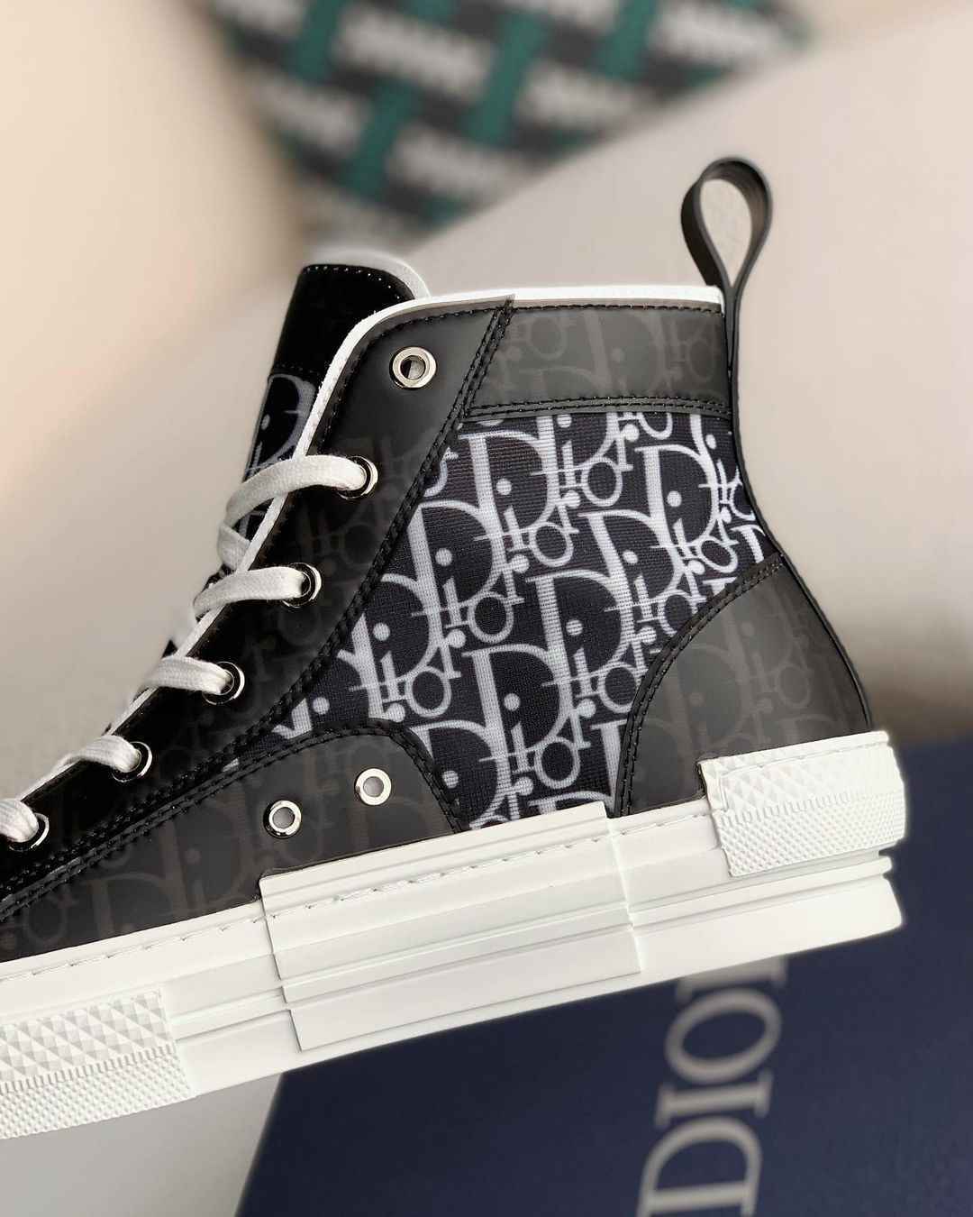 Dior B23 High-Top Sneaker in Black & White Dior Oblique Canvas with Patent Leather Panels