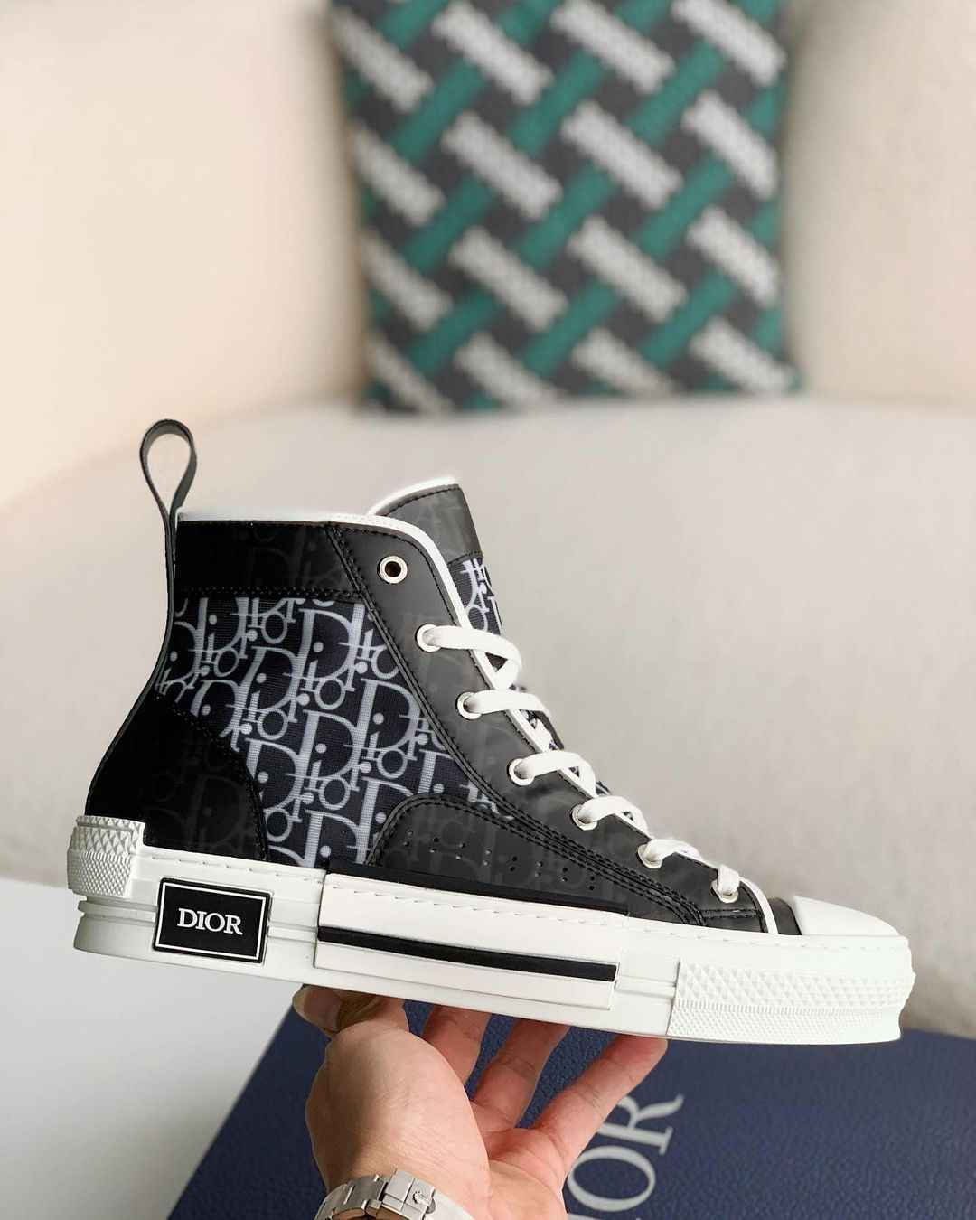 Dior B23 High-Top Sneaker in Black & White Dior Oblique Canvas with Patent Leather Panels