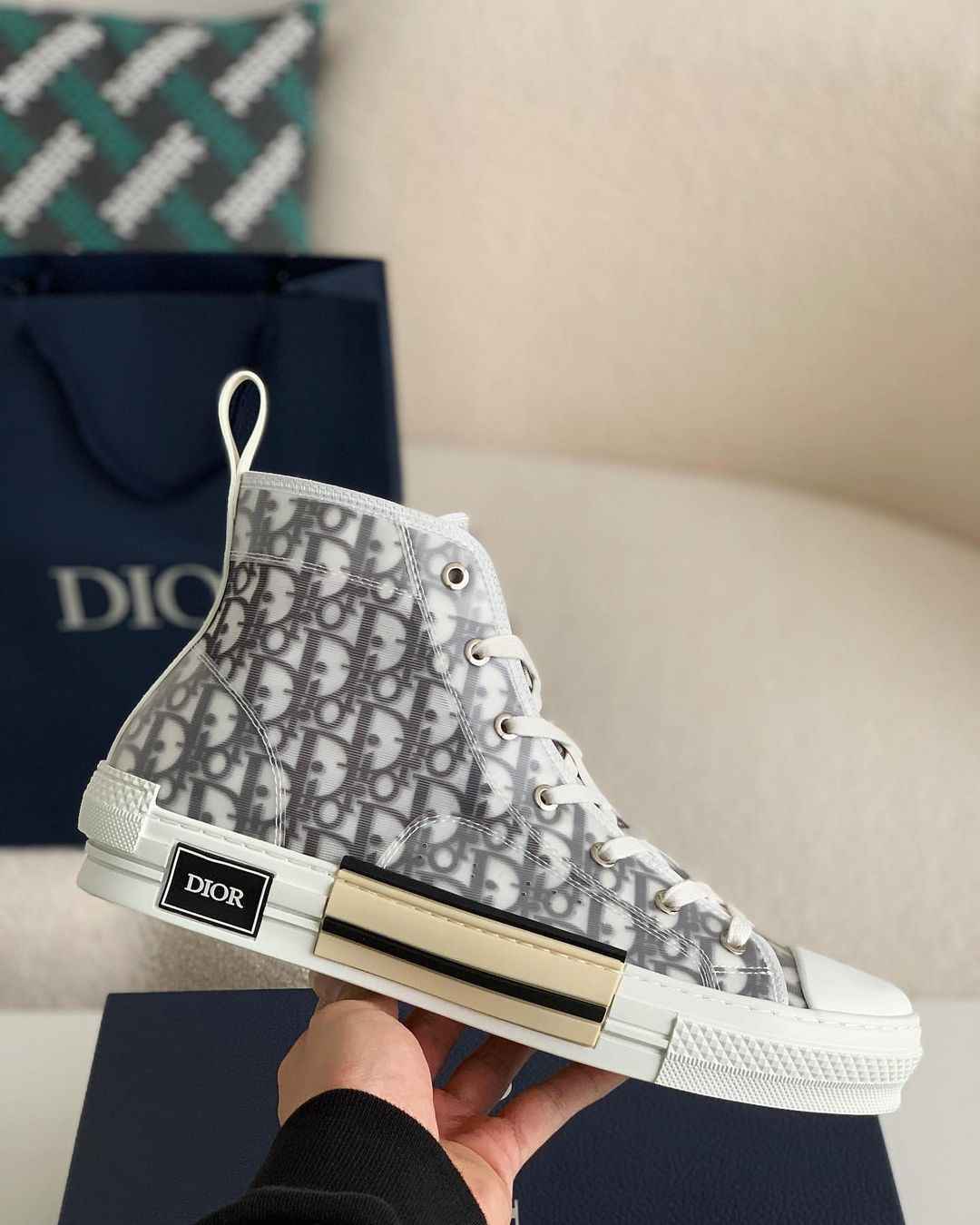Dior B23 High-Top Sneaker in White & Grey Dior Oblique Transparent Technical Canvas