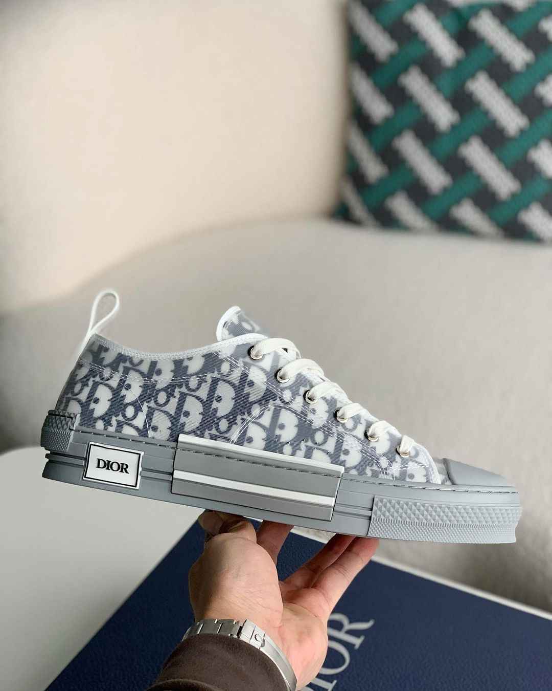 Dior B23 Low-Top Sneaker in White & Gray Dior Oblique Transparent Technical Canvas