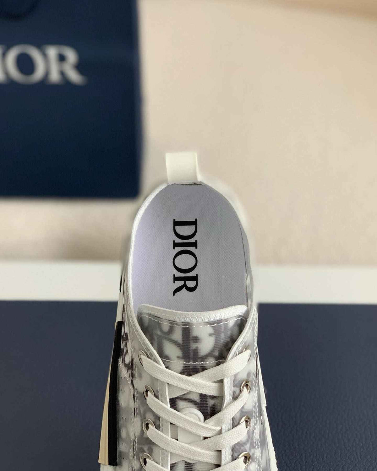 Dior B23 Low-Top Sneaker in White Dior Oblique Transparent Canvas with Gold-Tone Midsole Detail