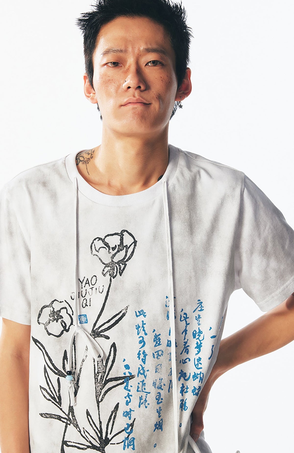Blue Script Floral Cotton Tee - Notkicks