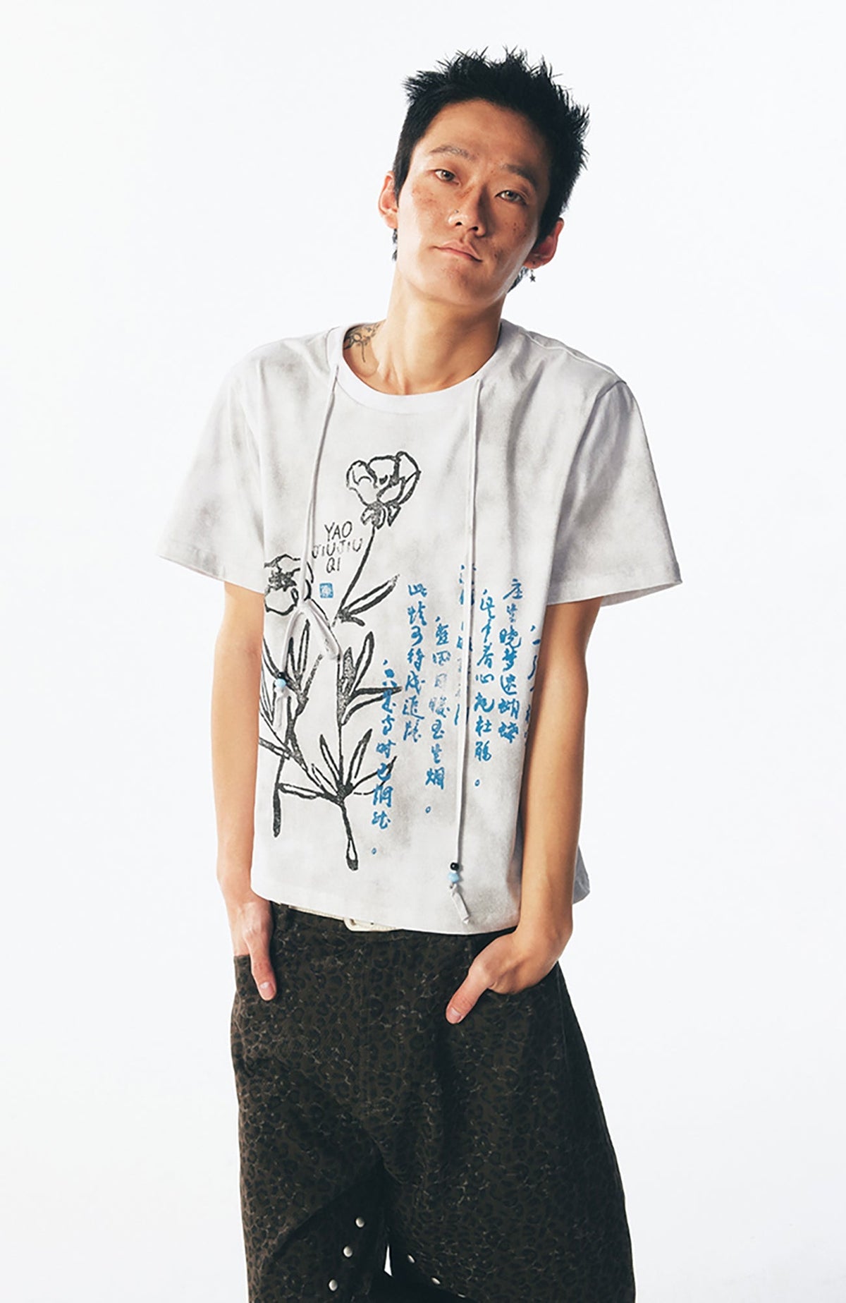 Blue Script Floral Cotton Tee - Notkicks