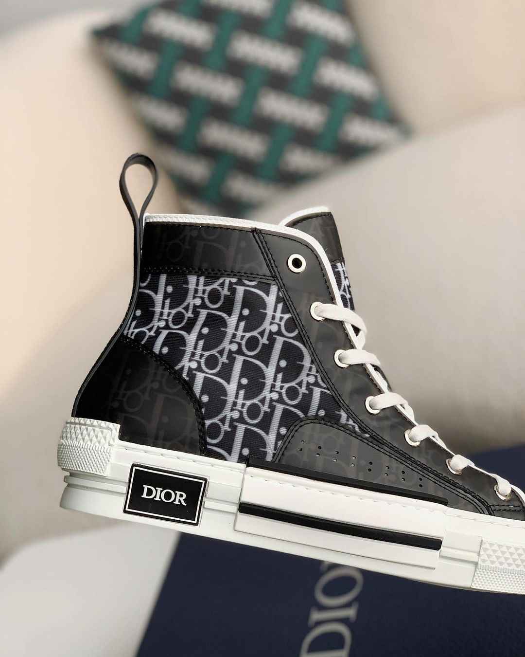 Dior B23 High-Top Sneaker in Black & White Dior Oblique Canvas with Patent Leather Panels