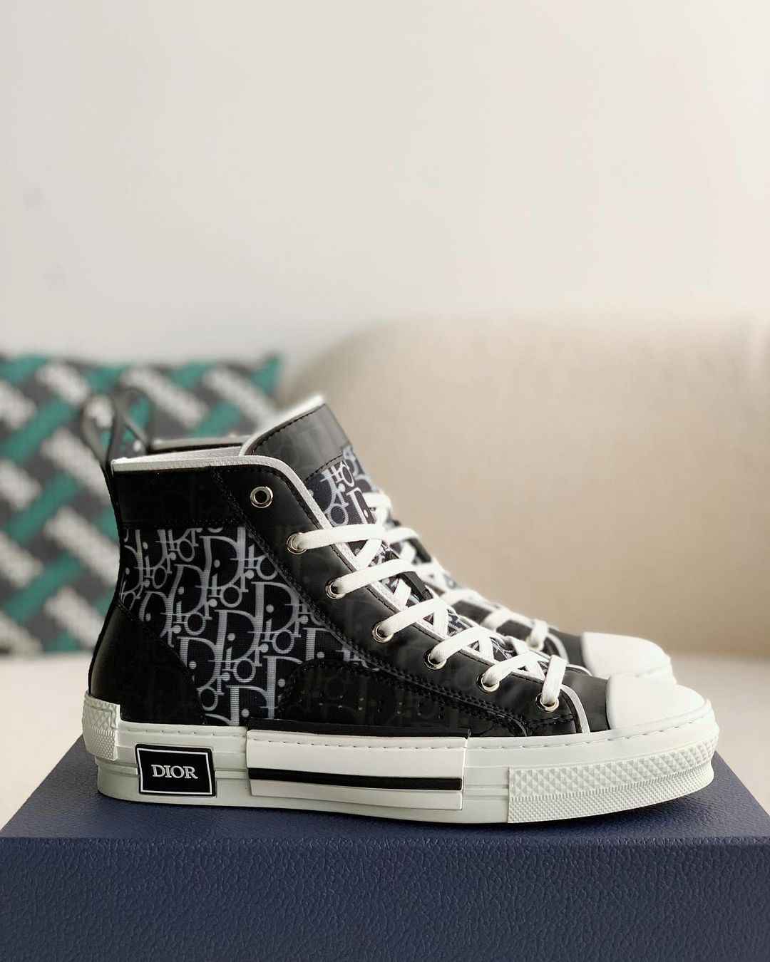 Dior B23 High-Top Sneaker in Black & White Dior Oblique Canvas with Patent Leather Panels
